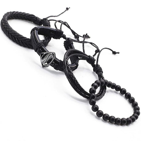 4-er Set Lederarmbänder aus Leder Holz und Stoff mit Edelstahlanhänger und Schiebeknotenverschluss