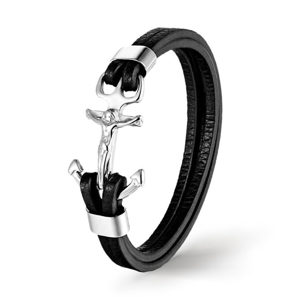 Lederarmband Herren Unisex Jesus Kreuz Edelstahl Bestseller Uniqal