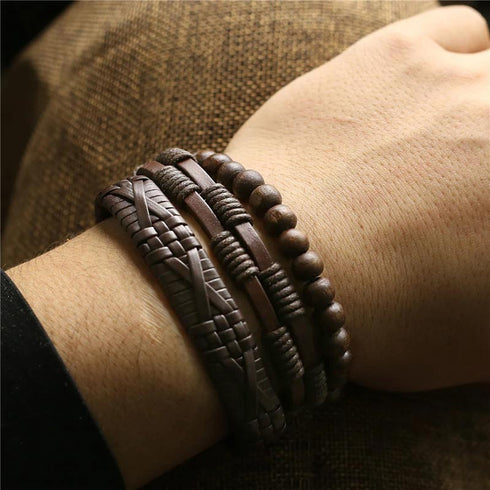 Braunes lederarmband set herren unisex holzperlen uniqal sale
