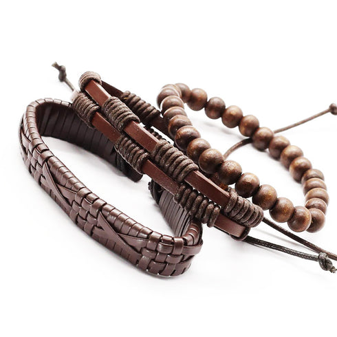 Braunes lederarmband set herren unisex holzperlen uniqal sale