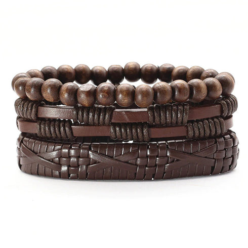 Braunes lederarmband set herren unisex holzperlen uniqal sale