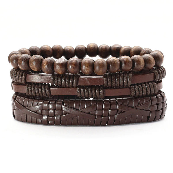Braunes lederarmband set herren unisex holzperlen uniqal sale