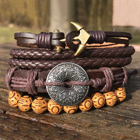 Armband Herren Set Aztek Unisex Edelstahl Braun Leder