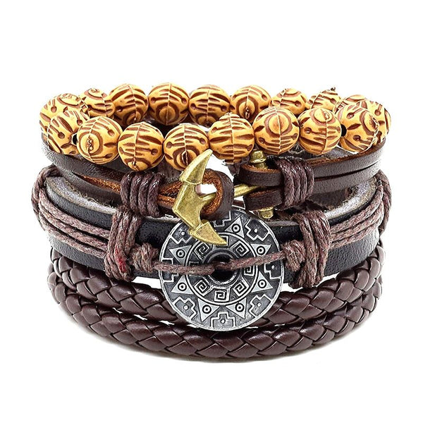 Armband Herren Set Aztek Unisex Edelstahl Braun Leder