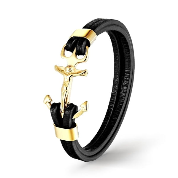 Armband Jesus Herrenarmband Goldfarben Anker Edelstahl Echtledera