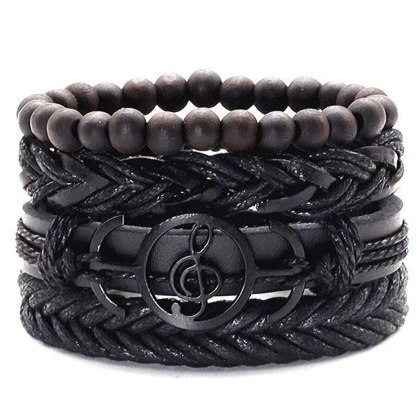 Damen Lederarmband Music Note Schwarz Edelstahl