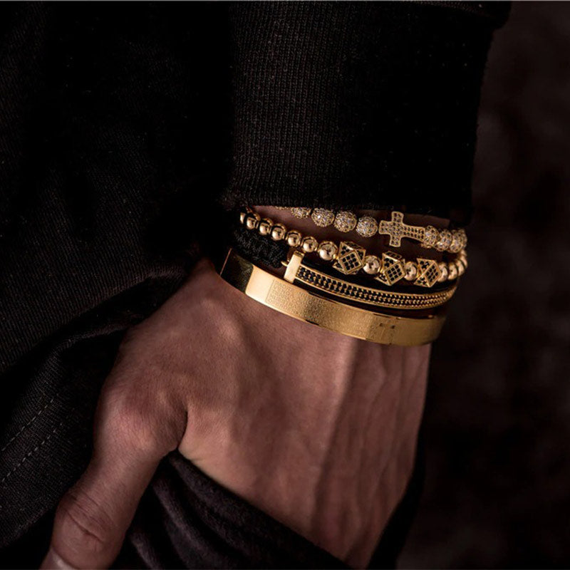 Gold Jesus kreuz armband set herren schiebeknotten wurfel bestseller