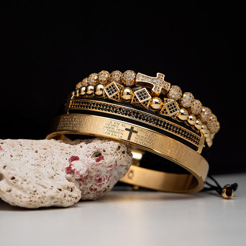 Gold Jesus kreuz armband set herren schiebeknotten wurfel bestseller