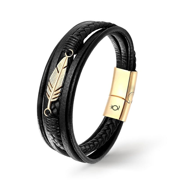 Herren-Damen Echtleder Armband Feder Anhaenger Edelstahl