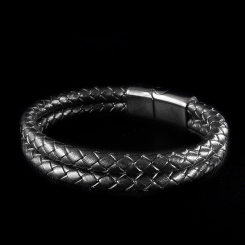 schwarzes Lederarmband herren double layer magnet uniqal sale