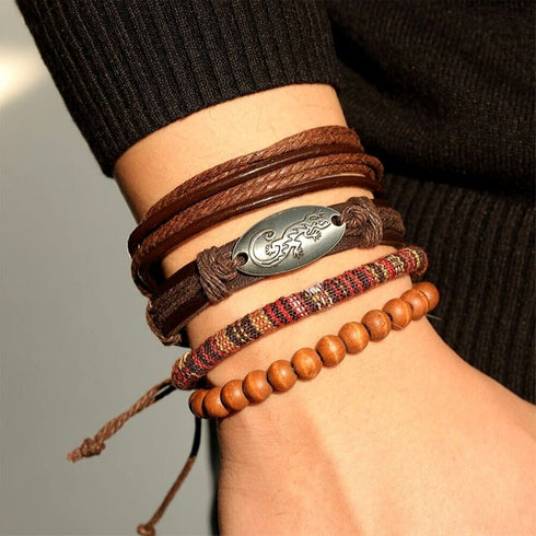 Lederarmbänder Set Gecko braun Holzperlen Modeschmuck unisex