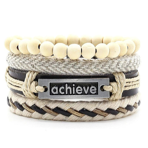 Lederarmband Elfenbein Weiß Holz Perlen Edelstahl Schiebeknoten unisex