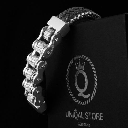 Lederarmband Kettearmband Motorradkette Silber Magnet Uniqal