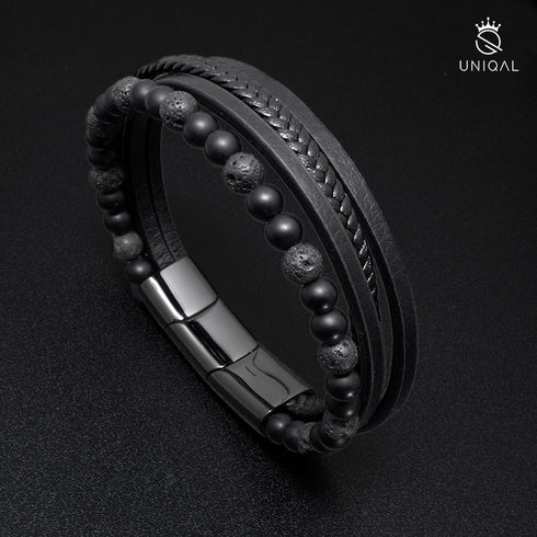 Lavastein lederarmband herren uniqal schwarz