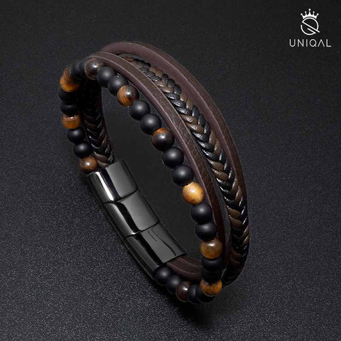 Lederarmband herren gelbes tigerauge uniqal braun