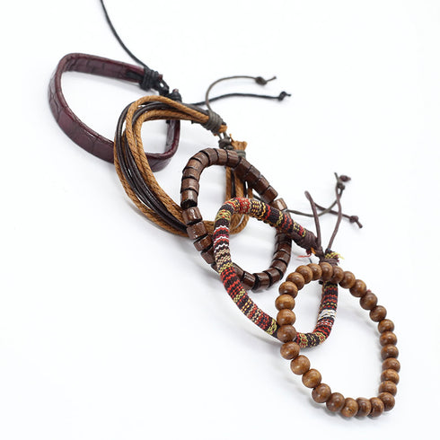 Lederarmband herren set tigerauge holzperlen bohemian uniqal