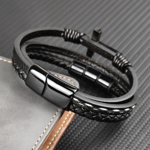 Lederarmband Herren mit Kreuz schwarz cross bracelet uniqal