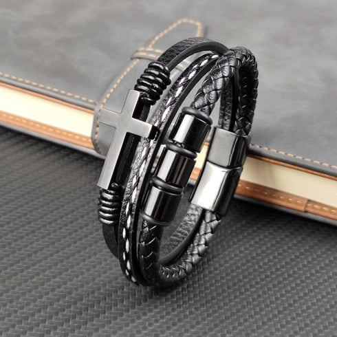 Lederarmband Herren mit Kreuz schwarz cross bracelet uniqal