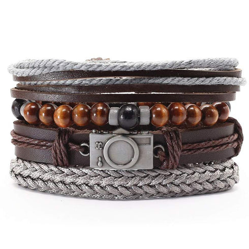 Lederarmband herren perlen tigerauge unisex geflochten bohemian