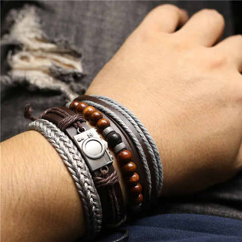Lederarmband herren perlen tigerauge unisex geflochten bohemian