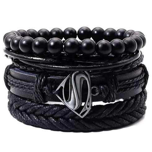 Lederarmbandset Super M für Frauen und Männer mit Edelstahlcharme und Holzperlen Flechtoptik handmade