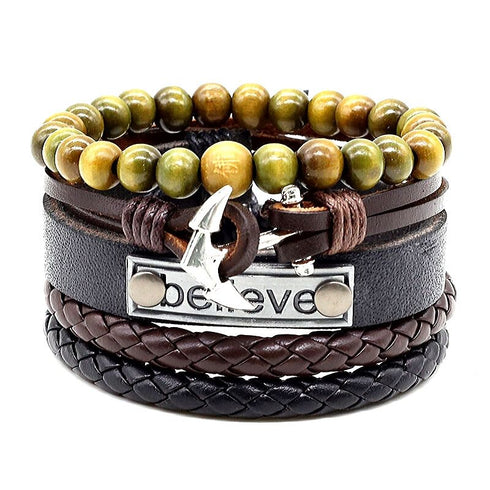 Lederarmbandset aus 4 Teile mit Edehlstahlanhänger Anker Holzperlen unisex und modern