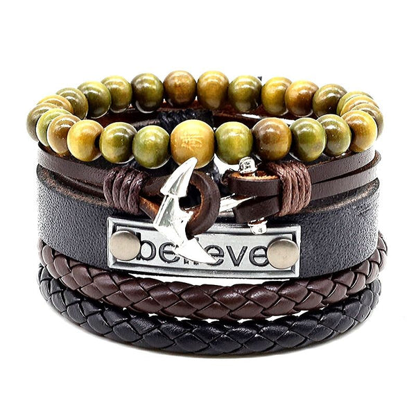 Lederarmbandset aus 4 Teile mit Edehlstahlanhänger Anker Holzperlen unisex und modern