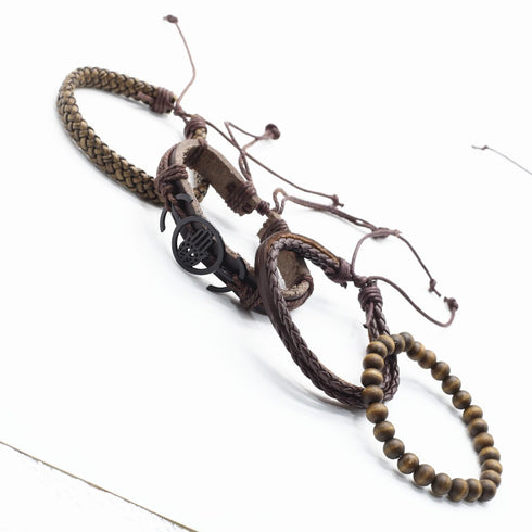 Männer 4er Set Ledderarmbänder Schiebeknoten Holzperlen