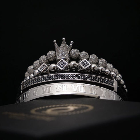 Luxuriöses Royal King Armband Set in 18k vergoldetem Edelstahl mit Zirkonia-Steinen, vierteilig, Herren und Damen Schmuck, Uniqal.de