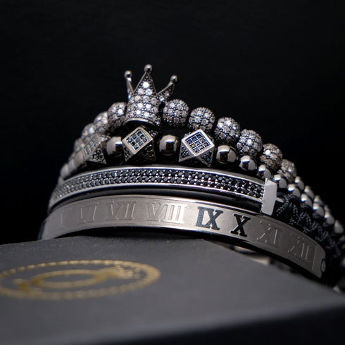 Royal Armbandset Herren vergoldet Zirkonia-Kupferkugel handgestricktes geflochtenes Seil