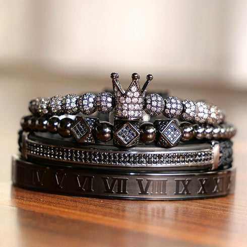 Royal Armbandset Herren vergoldet Zirkonia-Kupferkugel handgestricktes geflochtenes Seil