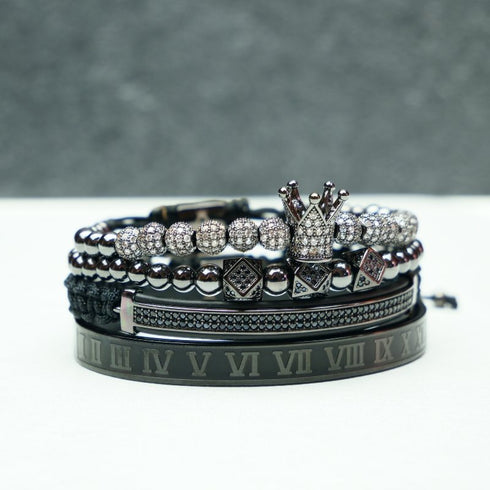 Royal Armbandset Herren vergoldet Zirkonia-Kupferkugel handgestricktes geflochtenes Seil