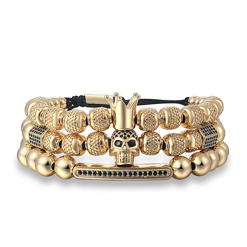 Royal Armbandset Herren vergoldet Zirkonia-Kupferkugel handgestricktes geflochtenes Seil