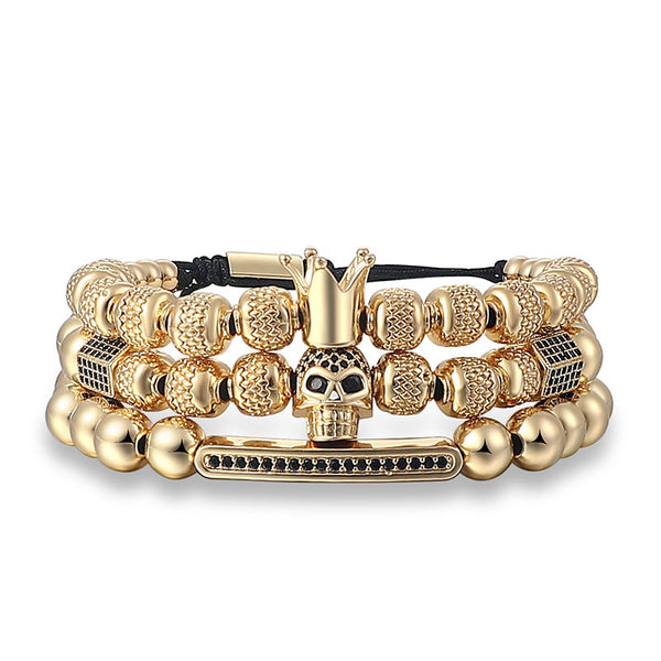 Royal Armbandset Herren vergoldet Zirkonia-Kupferkugel handgestricktes geflochtenes Seil