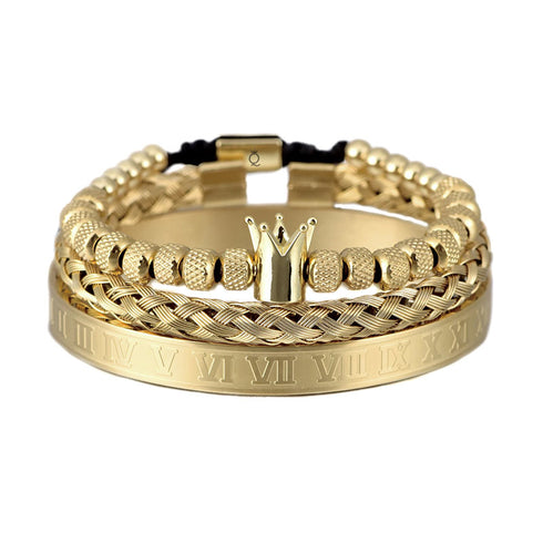 Royal Armbandset Herren vergoldet Zirkonia-Kupferkugel handgestricktes geflochtenes Seil