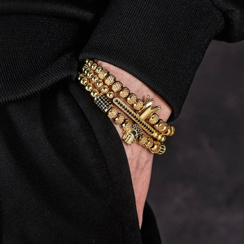 Royal Armbandset Herren vergoldet Zirkonia-Kupferkugel handgestricktes geflochtenes Seil