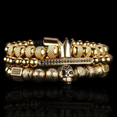 Royal Armbandset Herren vergoldet Zirkonia-Kupferkugel handgestricktes geflochtenes Seil