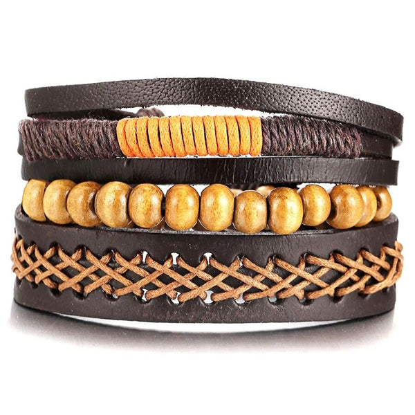 Schickes LederarmbandsetHolzperlen Schiebeknoten Unisex Stoff Als Geschenk