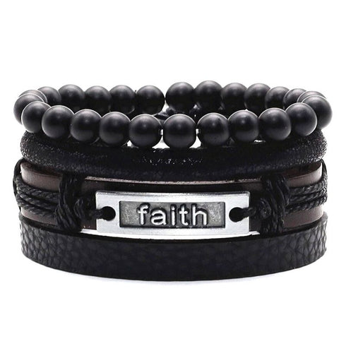 Schwarz Lederarmbänd Set für Männer und Frauen Edelstahl Holzperlen