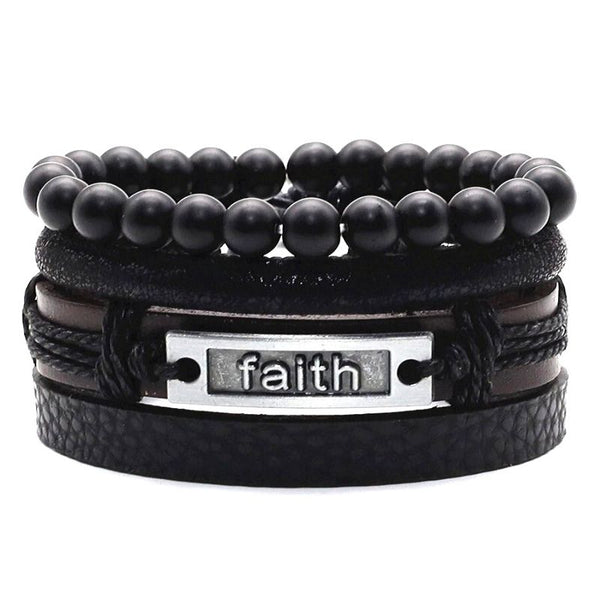 Schwarz Lederarmbänd Set für Männer und Frauen Edelstahl Holzperlen