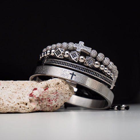 Silber Jesus Kreuz Armband Set Herren Wurfel