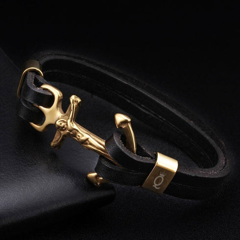 Armband Jesus Herrenarmband Goldfarben Anker Edelstahl Echtledera