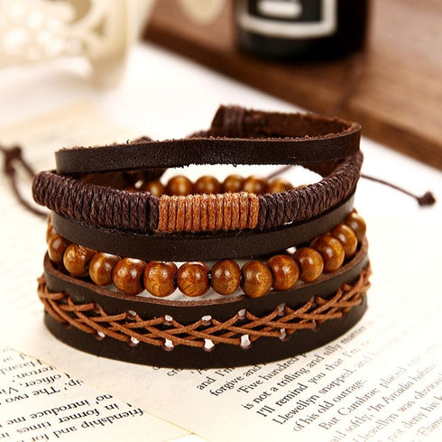 Stapelbares Set Läderarmbänder Holzperlen Damen Herren Armband für Paare