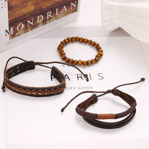 Schickes LederarmbandsetHolzperlen Schiebeknoten Unisex Stoff Als Geschenk