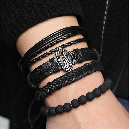 Surfer Super M Armbandset für Männer und Frauen Leder Edelstahl Holz Schiebeknoten