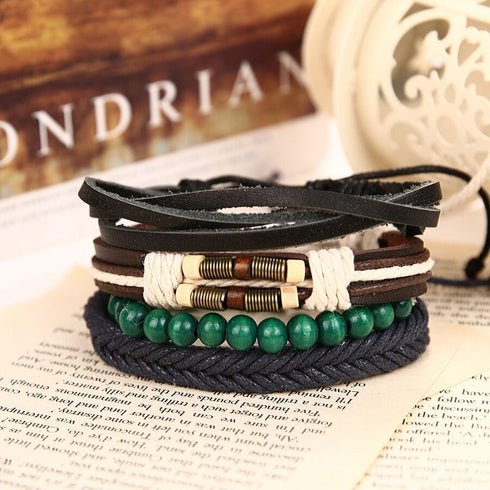 TRENDY Set Armbänder Ethnostil mehrschichtig geflochten Leder Holz Stoff Unisex Als Geschenk