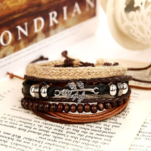 Stapelbare Armbänder Leder Holzperlen geflochten mit Schiebeknoten Geschenk