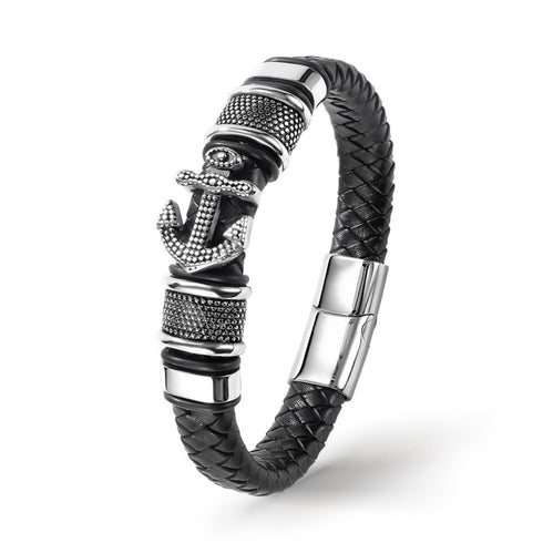 UNIQAL ADVENTURE Herrenarmband mit Anker Symbol, schwarzem Leder und silbernen Edelstahl Details