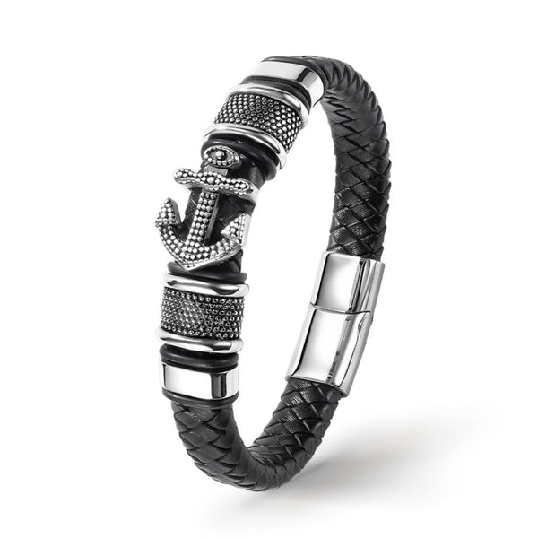 UNIQAL ADVENTURE Herrenarmband mit Anker Symbol, schwarzem Leder und silbernen Edelstahl Details