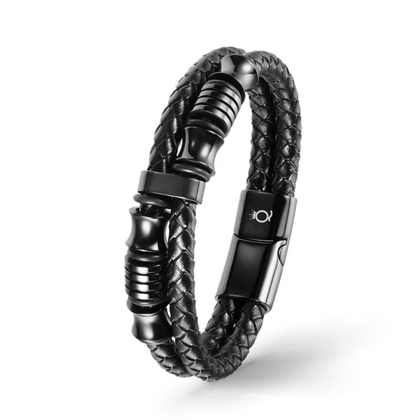 UNIQAL DOUBLE LAYER BLACK – schwarzes Lederarmband mit zwei geflochtenen Strängen und Edelstahl-Details.